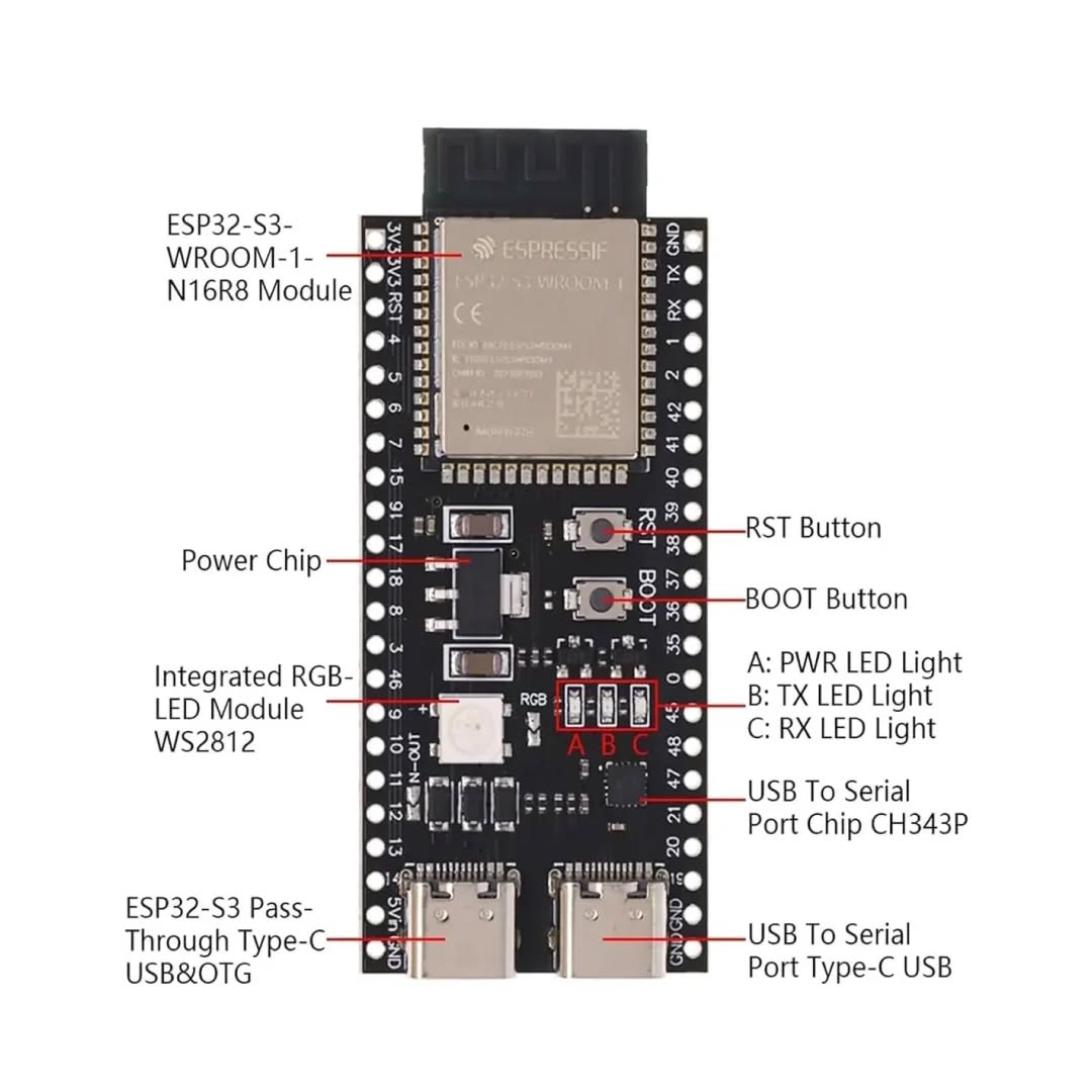 ESP32-S3 N16R8 Development Board with 2.4GHz WiFi and Bluetooth 5.0